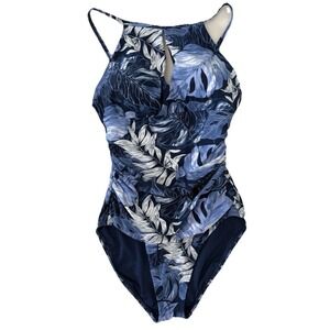 Ellen Tracy Womens Blue Keyhole Neck Tank One-Piece Swimsuit Sz 10